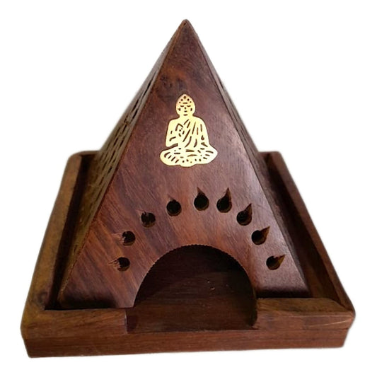 Incense Cone Holder - Wood Pyramid with Buddha Image